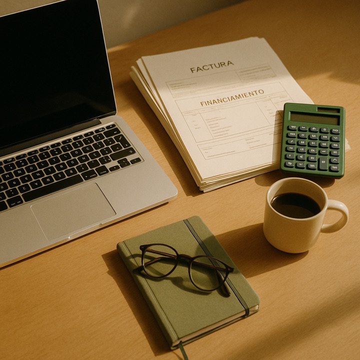 Escritorio de una pyme con laptop, calculadora y documentos de financiamiento, gestionados con Aliado Financiero