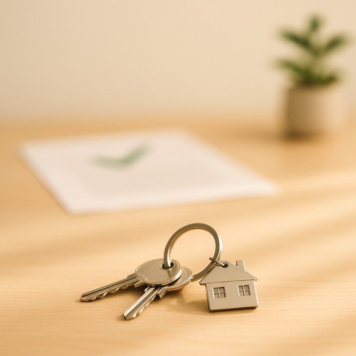 Llaves de una casa sobre una mesa junto a un crédito hipotecario aprobado con Aliado Financiero